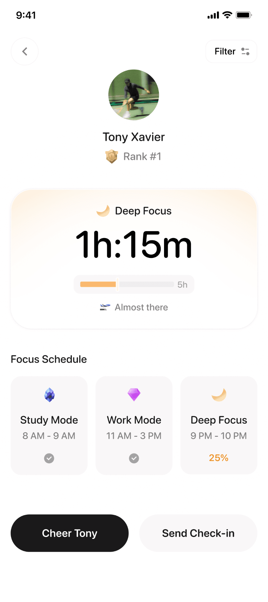 Tony’s profile showing a live Deep Focus session at 1h 15m with Cheer and Send Check-in buttons