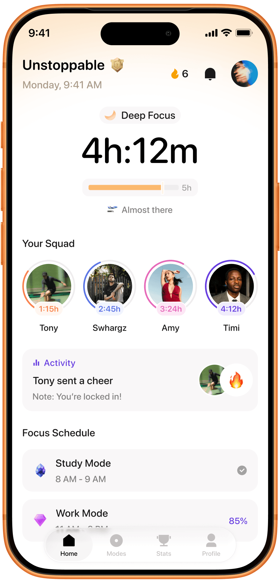 Recover home screen showing a Deep Focus session at 4h 12m and the squad's live timers