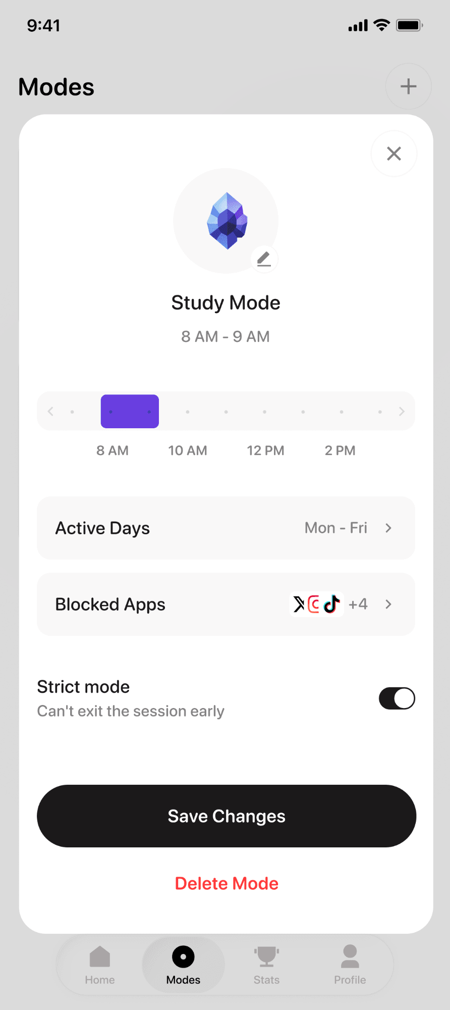 Editing Study Mode: 8 AM to 9 AM on weekdays, blocking X, Instagram and TikTok, with Strict mode on