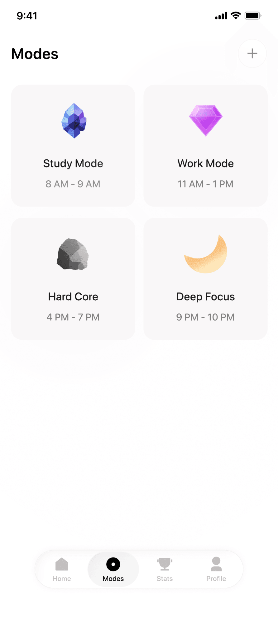 Modes screen listing Study Mode, Work Mode, Hard Core and Deep Focus with their schedules